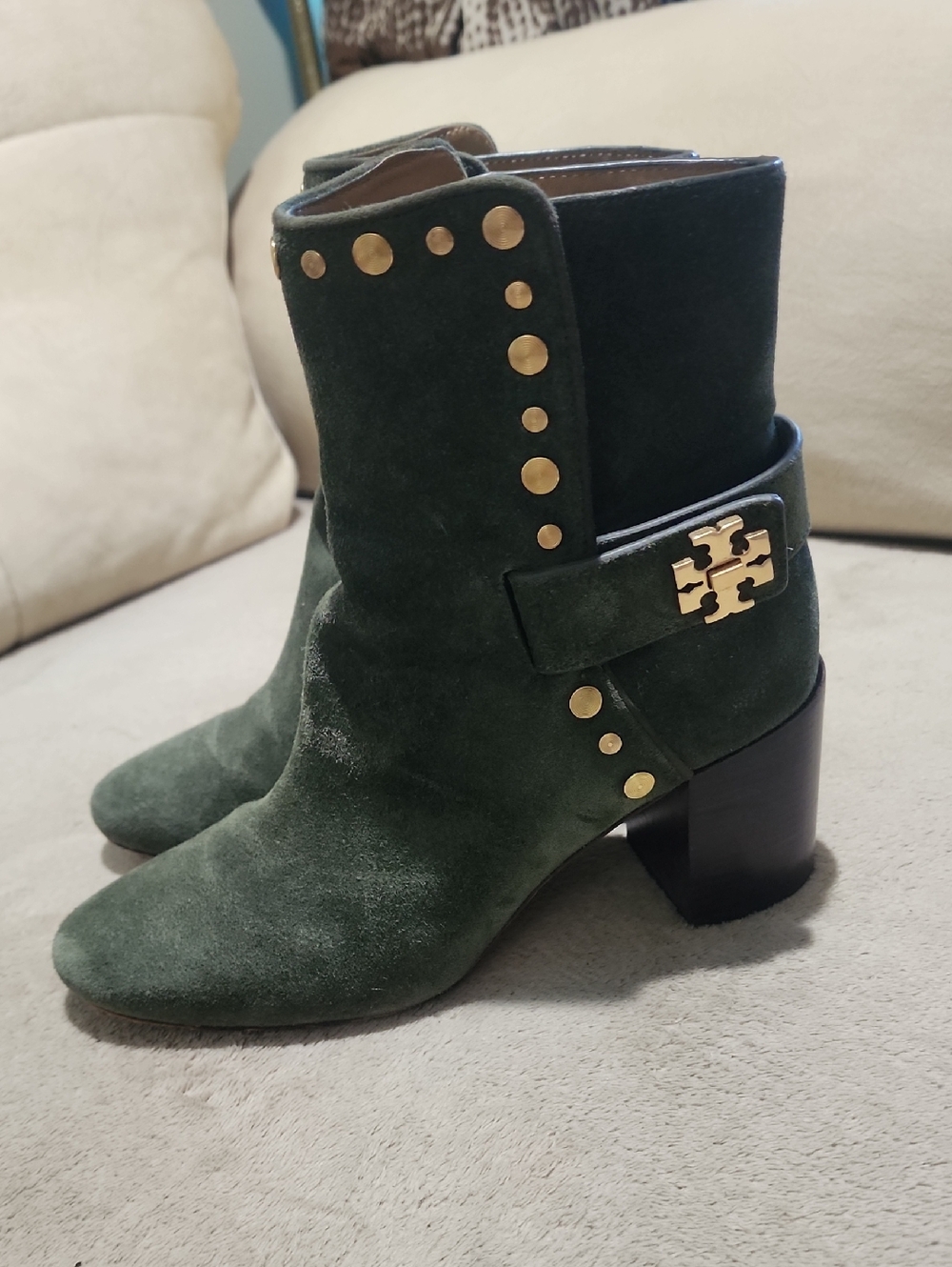 Tory Burch Kira 70mm Stud Suede Bootie in Olive Green - Picture 2 of 12